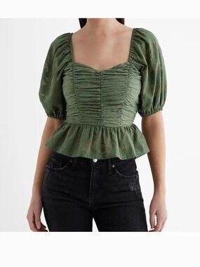 Express Striped Floral Puff Sleeve Sweetheart Ruched Peplum Crop Top Size M